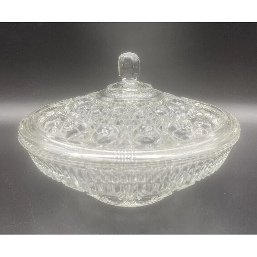 VTG Indiana Glass Clear Windsor Button & Cane Pattern Covered Candy Dish 7.5”‎